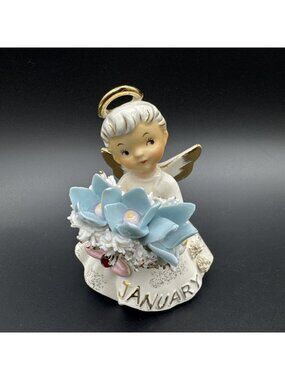 Vintage Lefton 1950s January Snowdrop Garnet Birthday Angel #489 READ